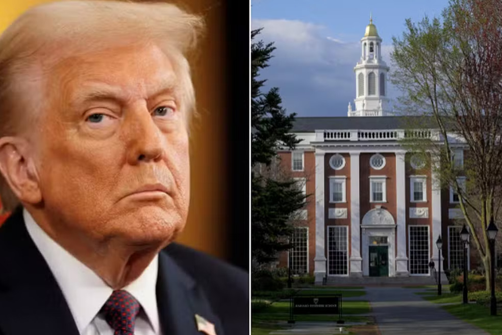 Montagem mostra o presidente Donald Trump e a universidade de Harvard — Foto: Chip Somodevilla/via REUTERS e Faith Ninivaggi/Reuters